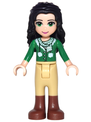 Emma, Tan Riding Pants, Green Sweater with Scarf